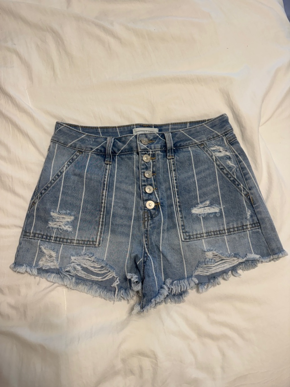High-Waist Distressed Stripe Denim Shorts - Light Blue